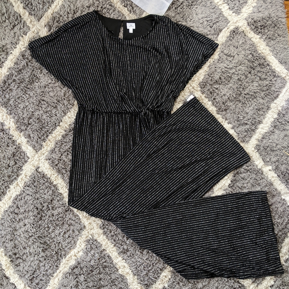 NWT Dress Barn | Metallic Silver Pinstripe | Short Sleeve | Black Jumpsuit